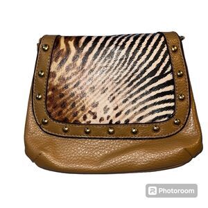 Womens Small Clutch Wallet Handbag Brown Animal Print Leather Studded Lined